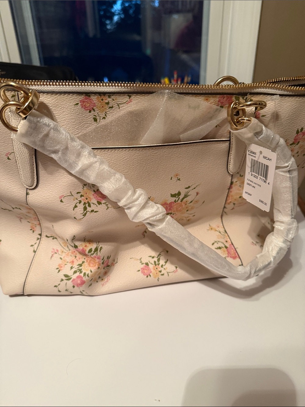 Coach Cream Floral Leather Tote with Pink Blooms - Picture 2 of 2